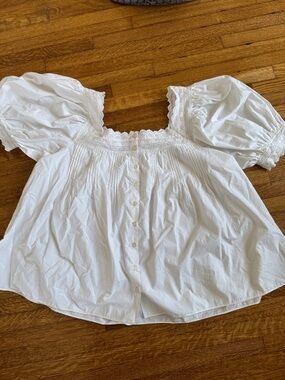 Doen White Cotton Puff Sleeve Button-Up Top